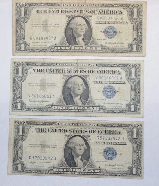 1935-G, 1957 A/B, 1 Dollar Silver Certificate USA a Lot of 3 Value Banknotes-C25