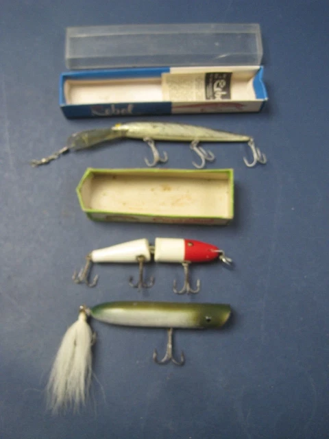 Set Of 3 Vintage Lures Creek Chub Pikie, Rebel & Striper Striker w 2 Boxes