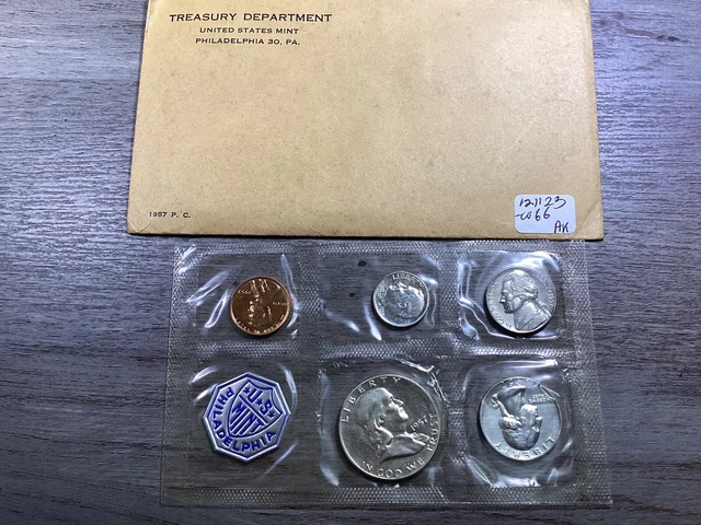 1957 US Silver Mint Proof 5 coin set Orginal Envelope & Cello Sealed-121123-0066