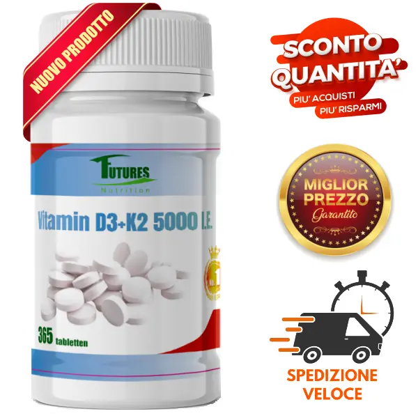 Vitamina D3 5000 UI + K2 VITAL® MK7 200mcg 365 Compresse Integratore Salute Ossa