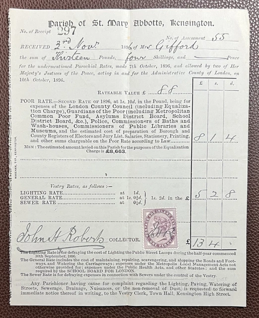 1896 Parish of St. Mary Abbotts, Kensington Rates Receipt to Mrs Gifford