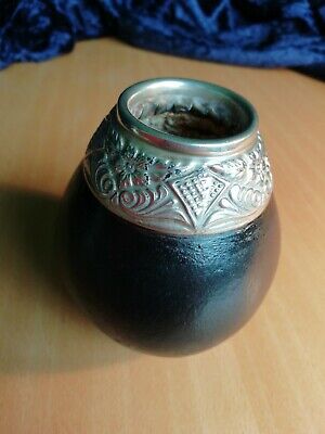 Vintage Yerba Mate tea gourd cup Argentina repousse silver metal rim 3
