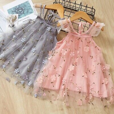 Toddler Baby Girls Fly Sleeve Lace Embroidery Floral TuTu Princess Dress Clothes