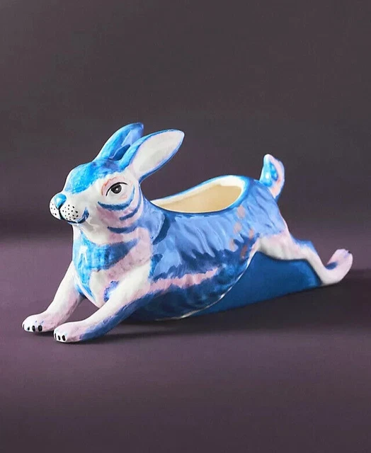 ANTHROPOLOGIE SARAH GORDON Bunny Planter Blue Rabbit Vase Pot Jumping Hare  NEW $112.10 - PicClick