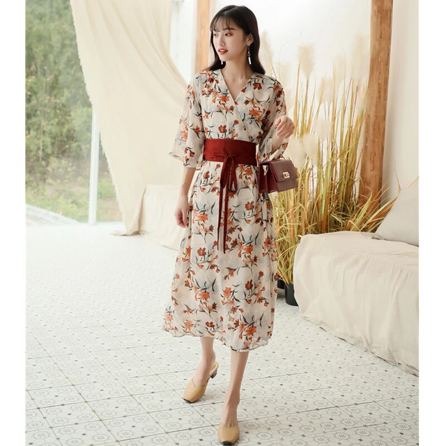 Women's Japanese Kimono Dress V-neck Flowers Print Slim Skirt with Girdle Dress