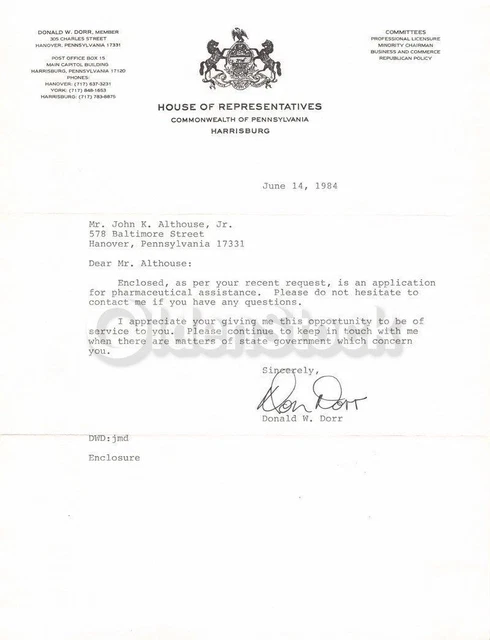 Donald Dorr Pennsylvania Congress Vintage Autograph Signed Letter 1984