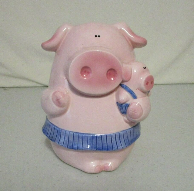 Rare Vintage Lefton Glazed Ceramic 6.5" Piggy Bank Dot Eyes Mama Baby Blue Tutu