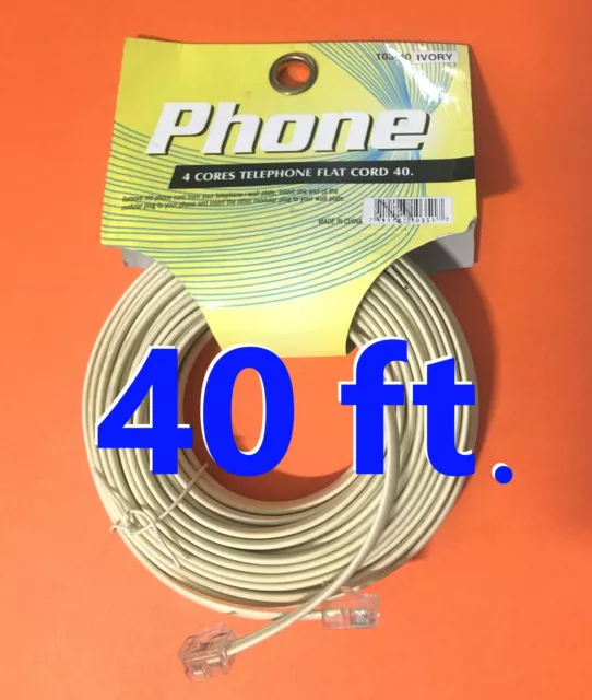 40' ft Telephone Extension Cord Phone Cable RJ-11 4 Wire Line W Jacks IVORY