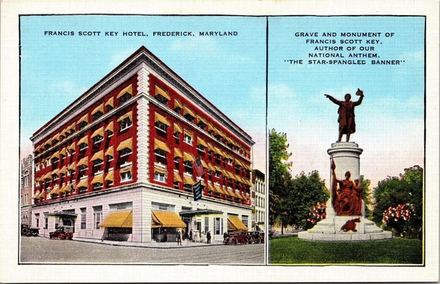 Francis Scott Key Hotel Frederick Maryland MD Statue Postcard UNP EC Kropp VTG