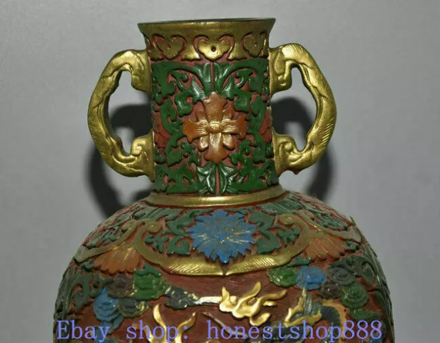 12.2" Old Chinese lacquerware Painting Dynasty Palace Dragon Flower Bottle Vase 2