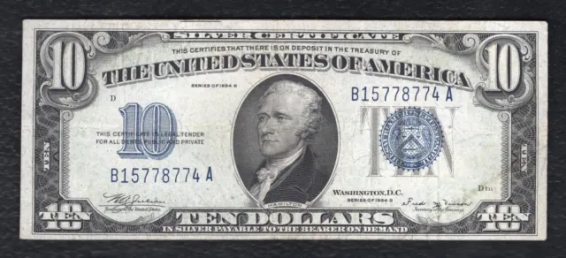 Fr. 1703 1934-B $10 Ten Dollars Silver Certificate Note *Key Series* Very Fine