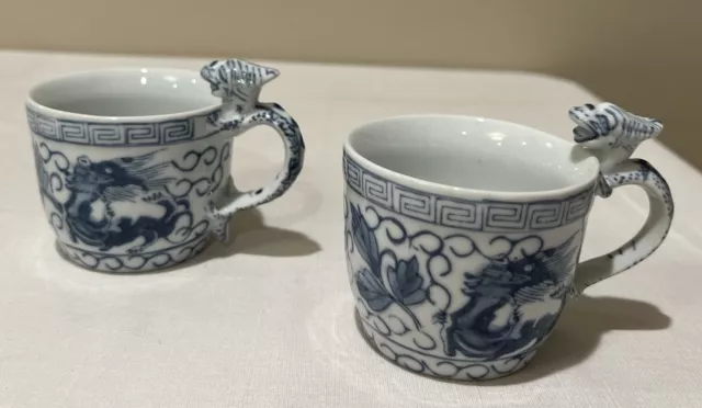 2 Antique Asian Porcelain Dragon Chinoiserie Blue White Tea Cups, VGC