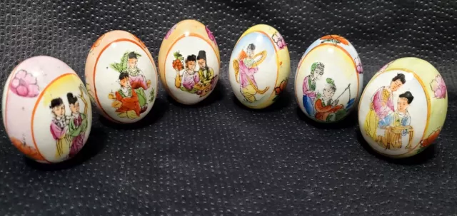 6 Vintage Ceramic Eggs Hand Painted Asian Mother Daughter Family Design 2.5"