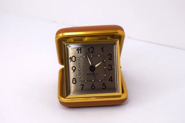 Vintage Westclox Travel Alarm Clock Folding Tan & Gold Tested Working