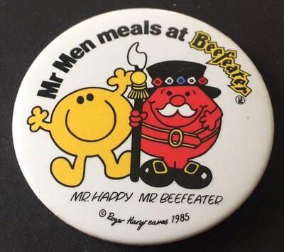 Vintage Badge Mr Happy Mr Men Beefeater London 4.5cm Pin B020 
