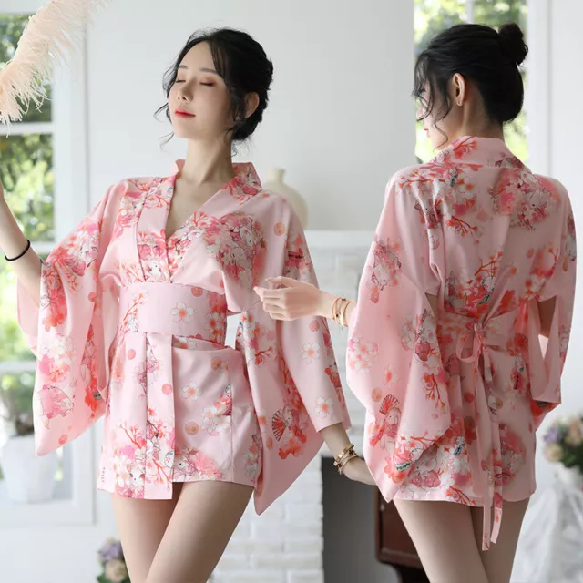 Women Sexy Nightgown Japanese Sakura Flower Kimono Dress Sleepwear Cosplay Pink