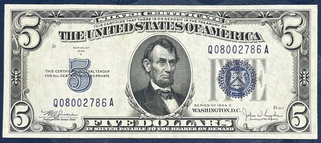1934 C $5  Circulated Blue Seal Silver Certificate Q08002786A