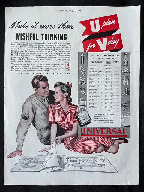 1944 Universal Appliances Price Range Listed Army Plan V-day Vintage Print Ad