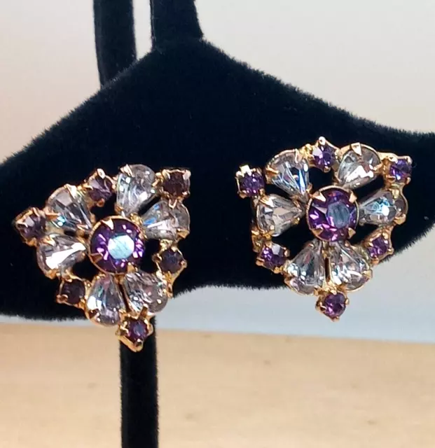 Vintage Prong Set Amethyst / Clear Glass Gold Tone Screw Back Earrings 1"