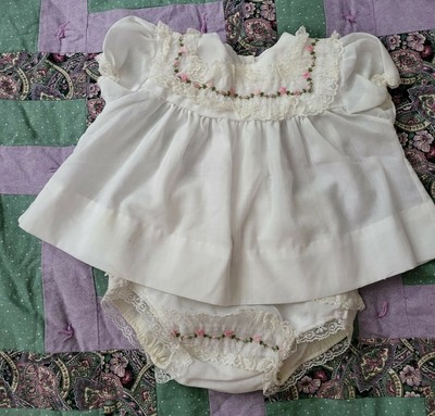 2PC  Vintage Baby Girl ALEXIS Short Dress Lacey Bloomers 10-13 Lbs  White