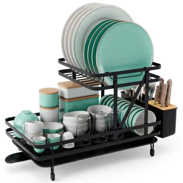 2 Tier Black Metal Foldable Dish Rack with Removable Drip Tray