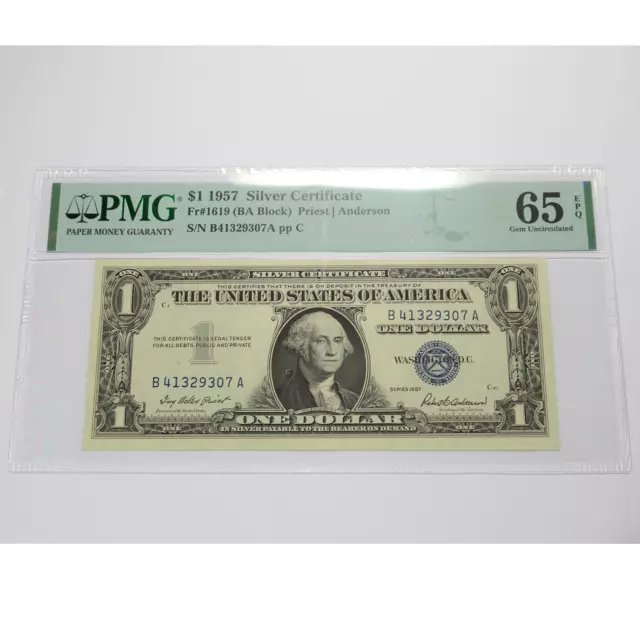 1957 A PMG Gem UNC 65 EPQ | Silver Certificate $1 One Dollar Bank Note #43908F