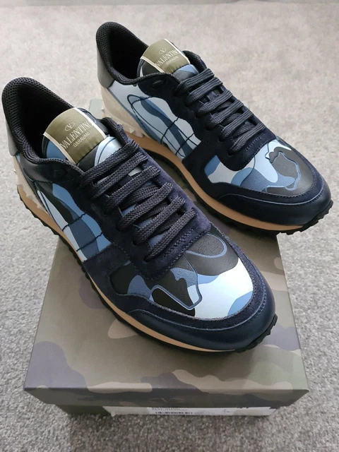 Valentino black blue and orange camouflage rockrunner leather sneakers hotsell