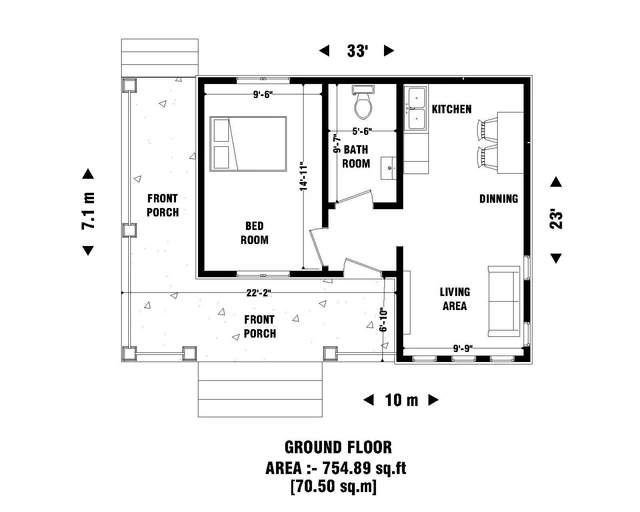 Modern Small Granny's House Plans 754 sq.ft - 1 Bed & 1 Bath Room with CAD File