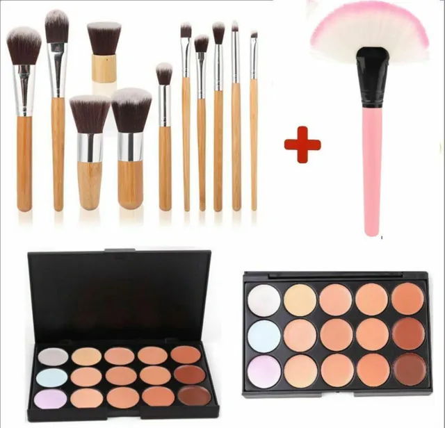 15 Color Concealer Palette Kit with 11pcs Bamboo Brush Face Makeup + 1 FAN Brush