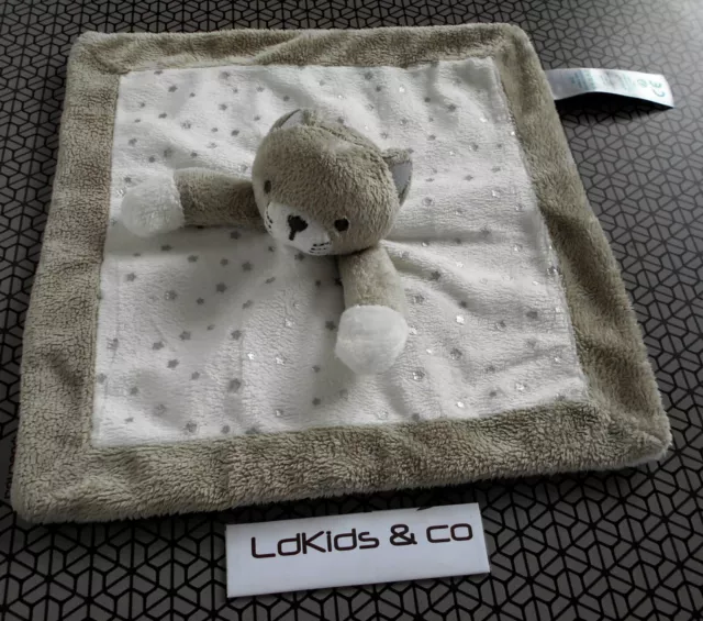 DOUDOU OB OBAIBI OKAIDI CHAT OURS PLAT BLANC GRIS ETOILES ARGENT 25 cm D1388