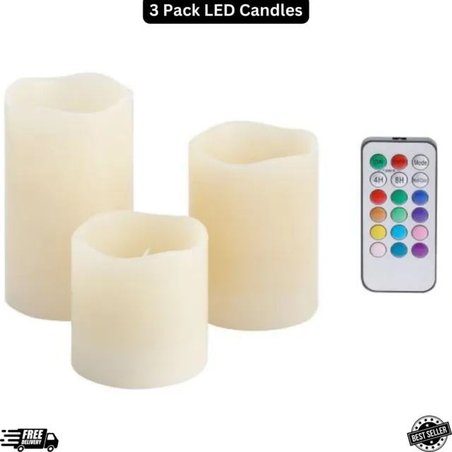 3 x  Flickering LED Candles Real Wax Battery Powered Lights Remote Control Lamps