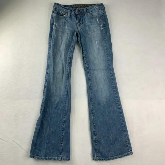 Arizona Distressed Flared Jeans Women's Size 1 Blue Mid Rise Cotton Medium Wash