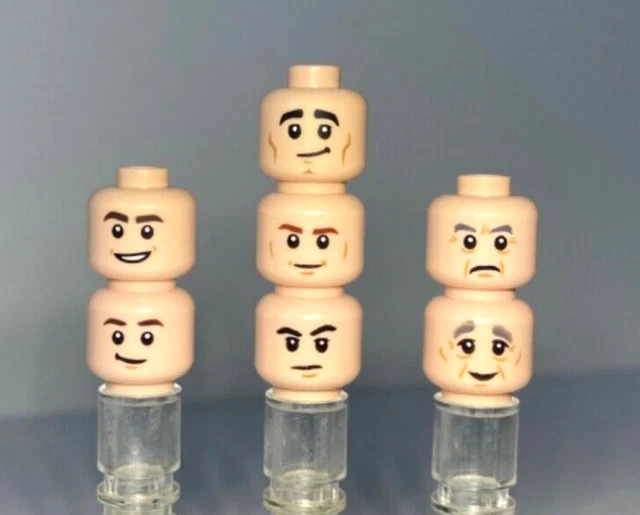 REAL LEGO 7x Male Heads Lot Light Flesh Faces Smile Angry Scared NEW