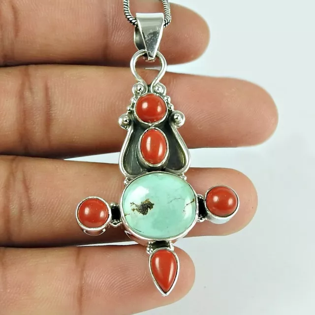 Neuf Ans Cadeau Naturel Corail Turquoise Gemme Bobo Pendentif 925 Argent Bijoux