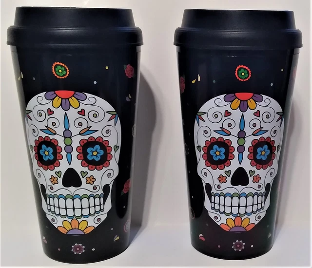 LOT OF 2 Day Of The Dead Dia De Los Muertos Sugar Skull Coffee Mug Tumbler 16 Oz