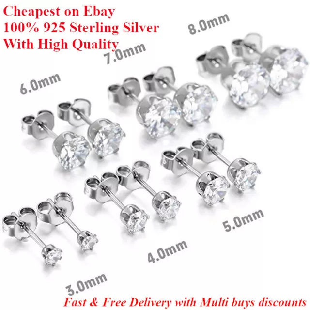 Women Men Genuine 925 Solid Sterling Silver Cubic Zirconia Round Stud Earrings