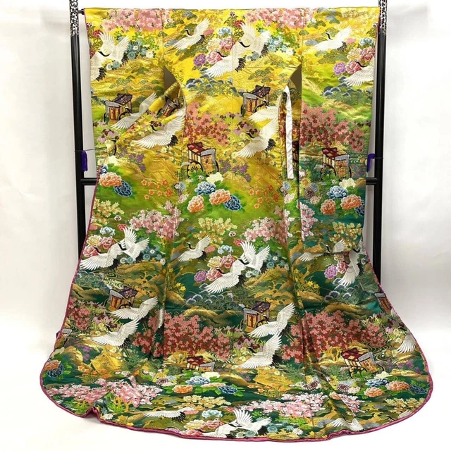 Japanese Kimono Uchikake Luxurious Wedding Embroidery Pure Green Crane K590