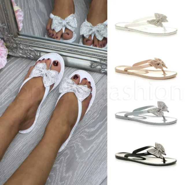 Womens Ladies Diamante Sparkly Toe Post Sandals Wedding Beach Flip Flops Size