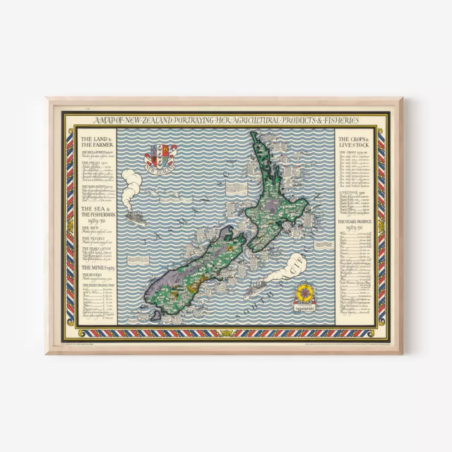 New Zealand Map - Agricultural Products And Fisheries - Poster, Art, Painting