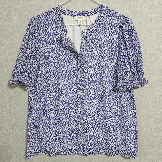 JCrew Womens Shirt Button Up Short Puff Elastic Sleeve Blue Floral Top Size S