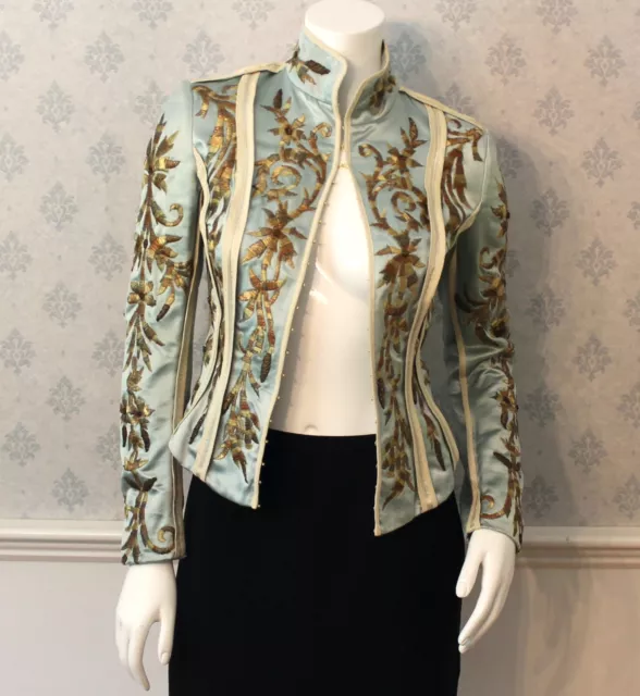 Roberto Cavalli Light Blue Silk Gold Embroidered Women's Jacket XS