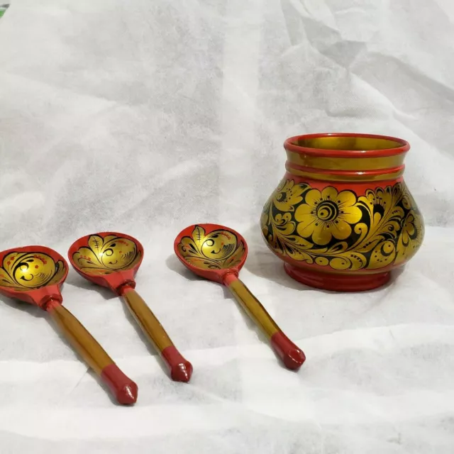 Decorative RUSSIAN KHOKHLOMA Hand Painted Gilt Lacquer Wood bowl & 3 Spoons
