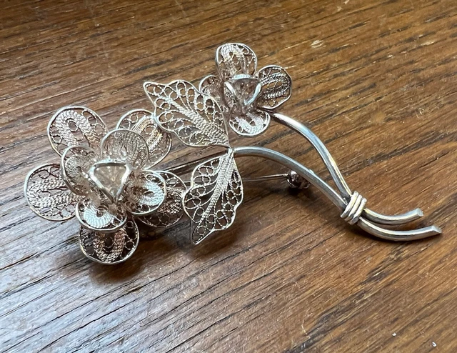 Broche Fleur En Filigrane Argent Massif émaillée - Occasion, état Correct - Bijou Vintage