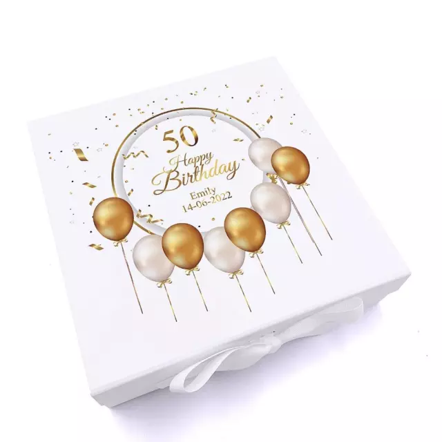 Personalised 50th Birthday Keepsake Box Gift With Gold Balloons UV-959