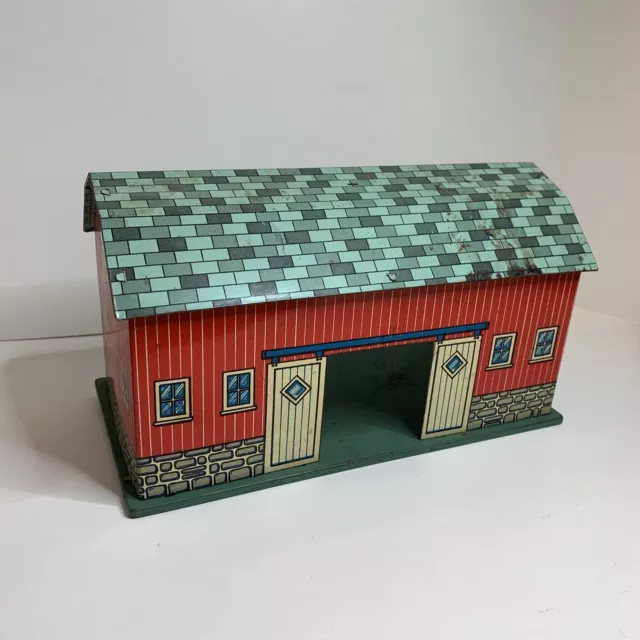 Vintage 1950/60’s Ohio Art Tin Litho 8.5” Red Barn W/Blue Roof - Farm Set Toy