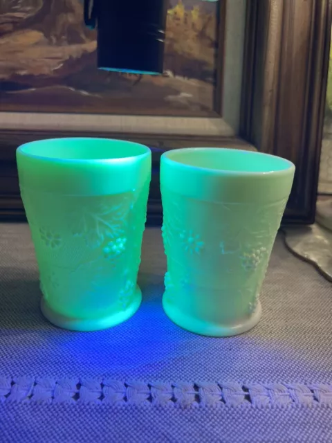 VTG Northwood Cups Uranium Glass Glow Custard Grapes Leaves Floral Tumbler Pair