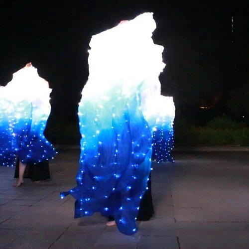 BellyDance Accessories 180cm Long Blue  White LED Lights Silk Veil Fan Practice