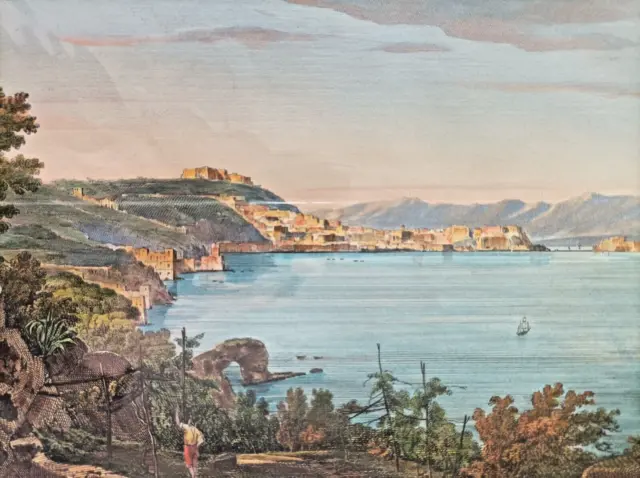 1845 ca. Veduta di Napoli da Posillipo  Acquaforte Acquerellata In Pass 2