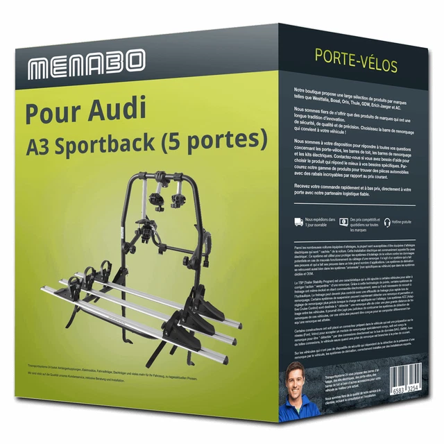 Porte-vélo Arrière MENABO - Châssis Acier Et Aluminium, Pour 3 Vélos - Système De Fixation Sans Sangle - Compatible Vélos à Pneus Larges (fat Bike)