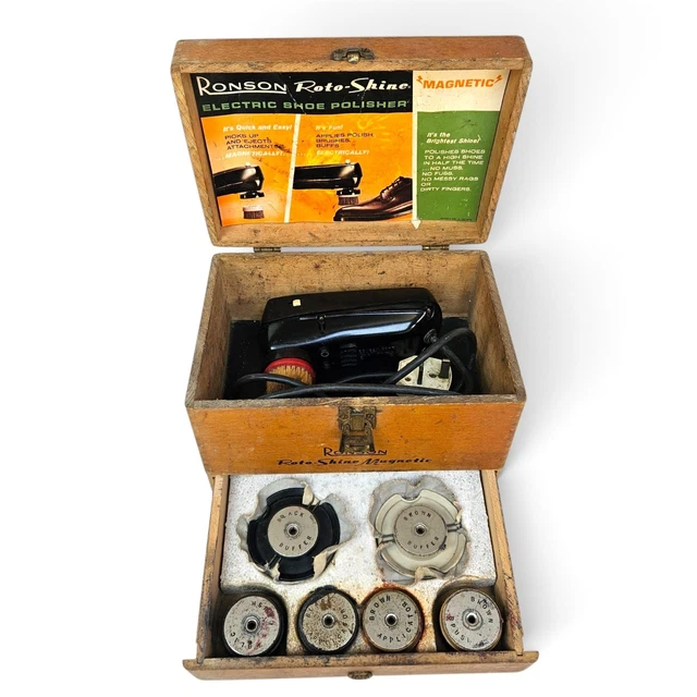 Jesse Ronson VINTAGE RONSON ROTO-SHINE Magnetic Electric Shoe Polisher Box Spares ...